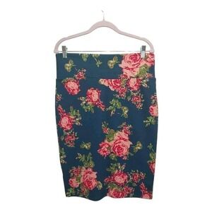 LuLaRoe Navy Floral Pencil Skirt with Pink Roses